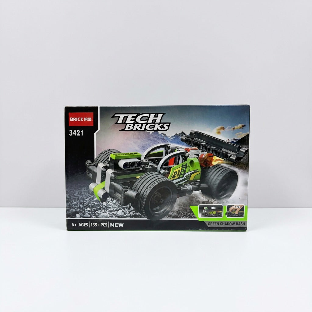Green pull-back race buggy building-block box, front panel showing the built buggy, "Tech Bricks", 6+ ages, 135+pcs badge