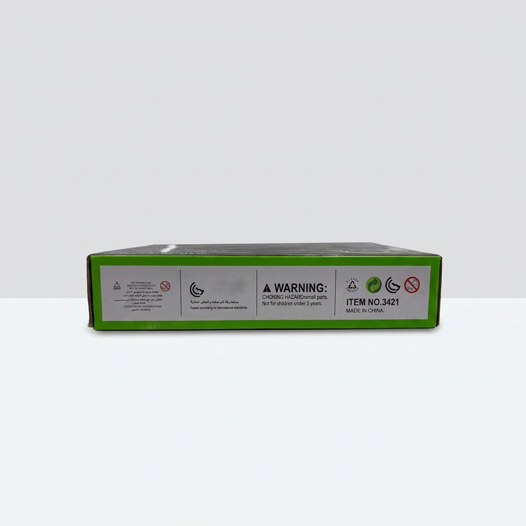 Green pull-back race buggy building-block box, side panel with the choking-hazard warning, item NO.3421, made in China