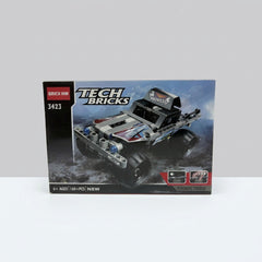 Grey pull-back off-road truck building-block box, front panel showing the built truck, 6+ ages, 160+pcs badge