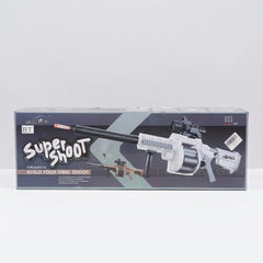 Super Shoot soft dart gun on the box front, built up with scope and silencer