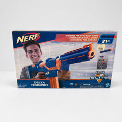 NERF Delta Trooper box front showing the blue blaster and the 21m badge