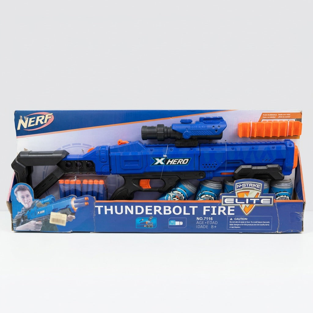 Thunderbolt Fire dart blaster in its box with the scope and orange dart holder