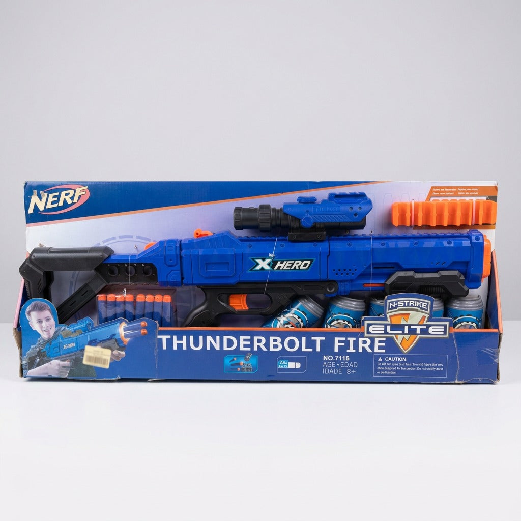 Box back showing the blaster with its folding stock and the 24x darts badge