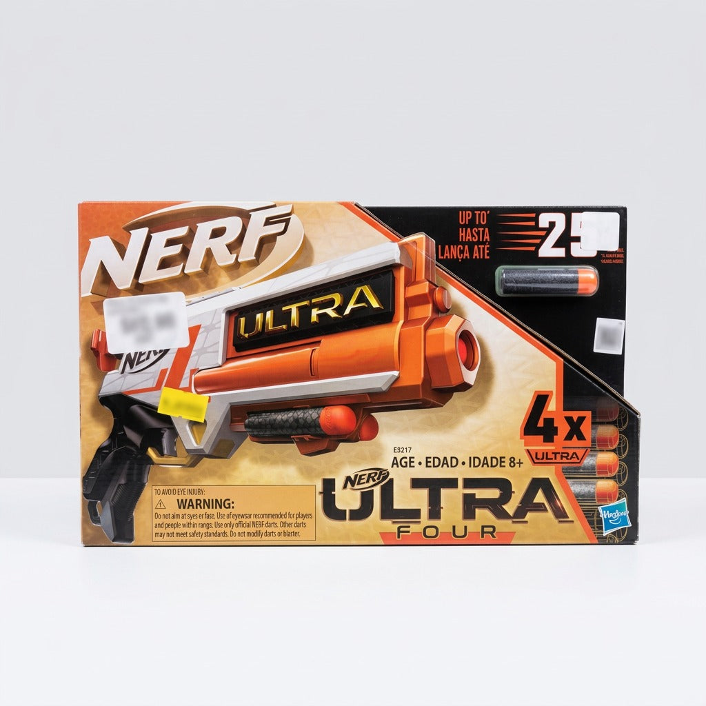 NERF Ultra Four box front with the 25m badge, the 4x Ultra flash and the AGE 8+ line