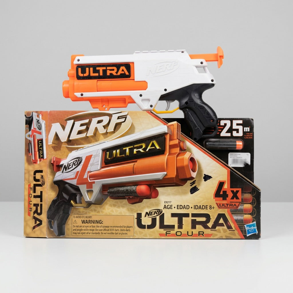 The white and orange Ultra Four blaster standing on its own