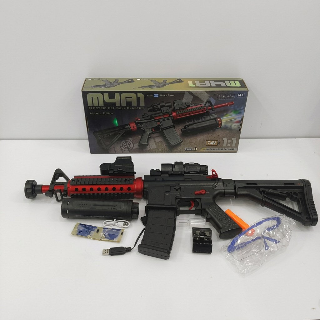 M4A1 electric gel ball blaster box front, black and red, 14+ badge and 1:1 scale