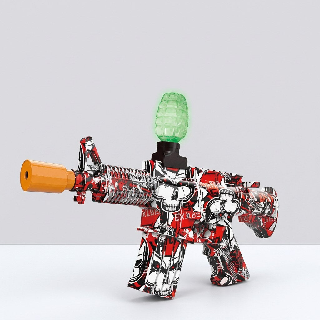 M416-style water gel blaster in a red-and-white skull camo wrap, orange muzzle tip, on a black background