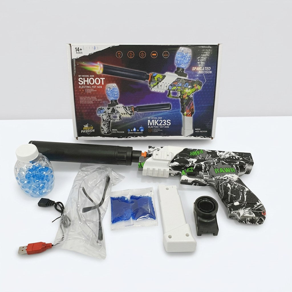 MK23S-style water gel blaster pistol beside its box, with soaking bottle, sight attachment, USB cable, gel balls and goggles laid out