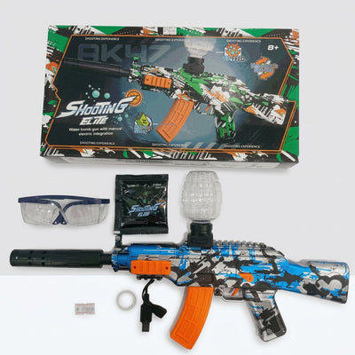 AK47-style water gel blaster box front, green camo, Shooting Elite branding and 8+ badge