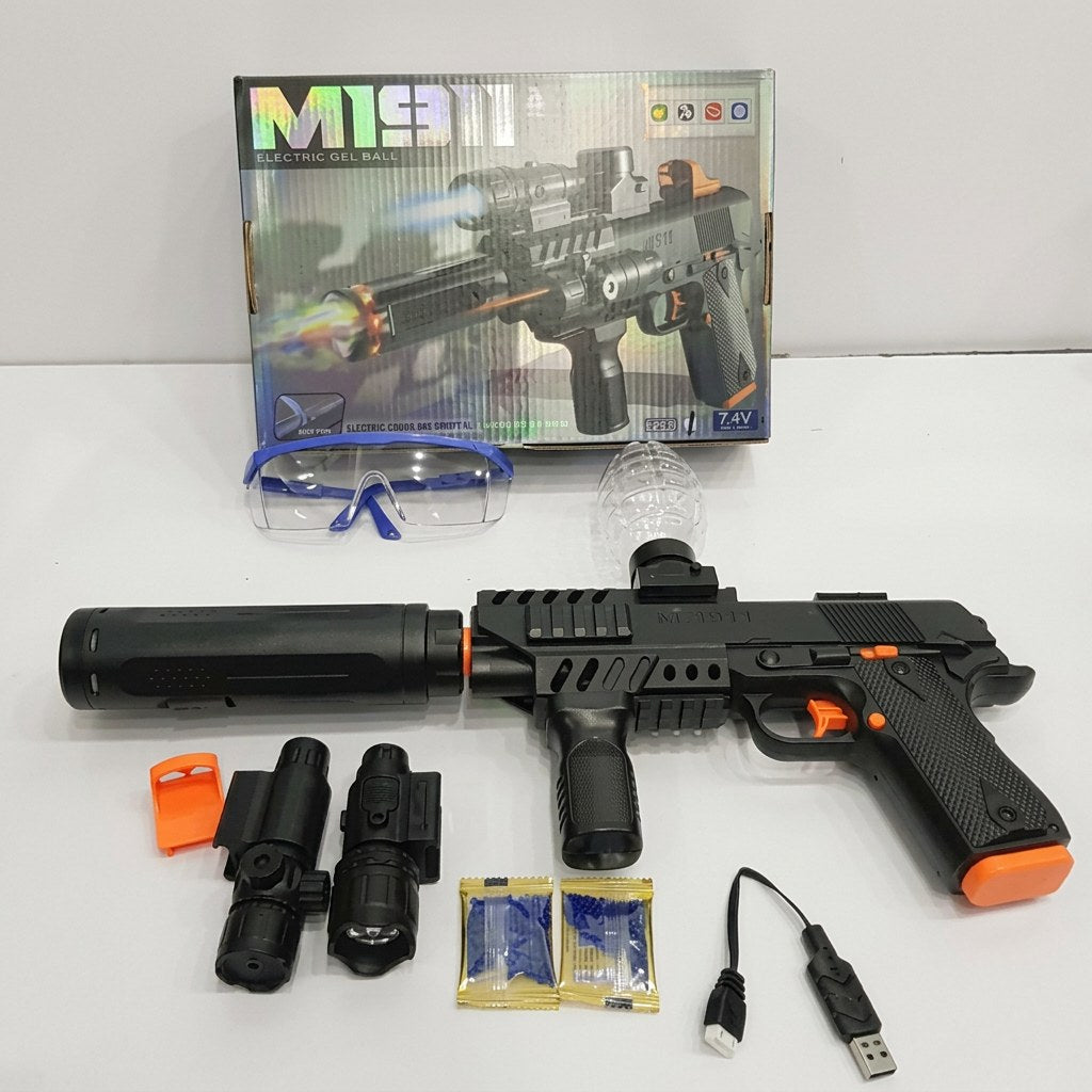 M1911-style gel ball blaster pistol box front, with feature icons and 7.4V badge