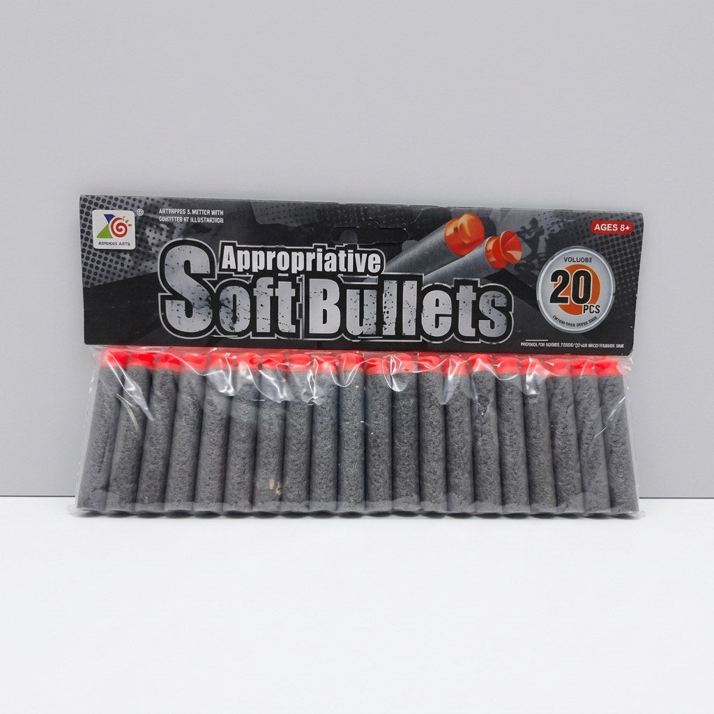 Pack of 20 grey foam darts for a toy blaster, shown against its printed card header