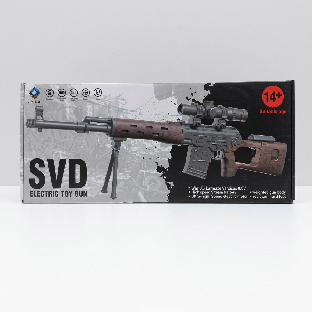 Electric toy sniper rifle in its box, with a mounted scope, folding bipod and 14+ age badge printed on the packaging