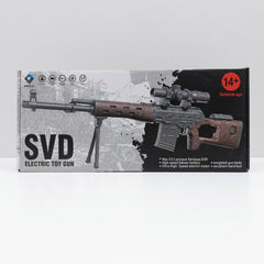 Electric toy sniper rifle in its box, with a mounted scope, folding bipod and 14+ age badge printed on the packaging