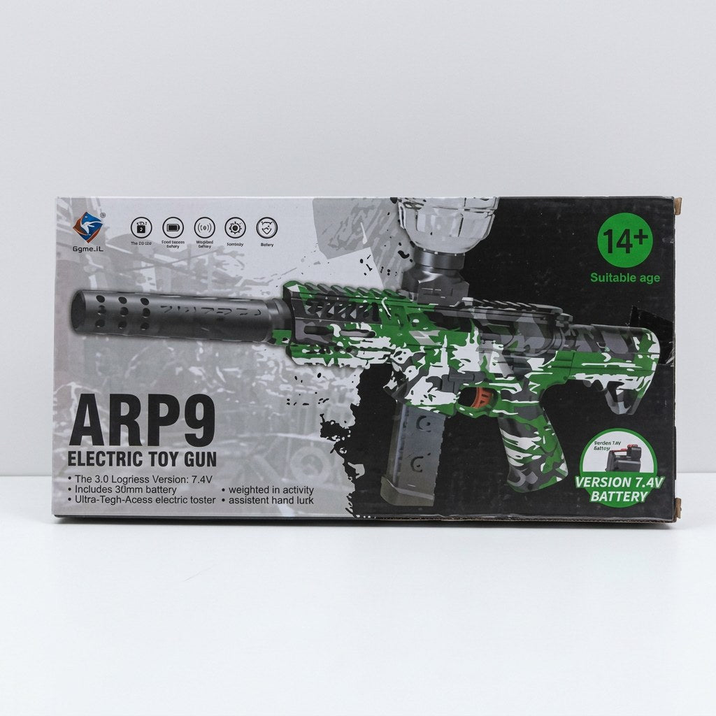 Box front for the ARP9 electric toy gun, camo green/white/black colourway with a long ribbed barrel