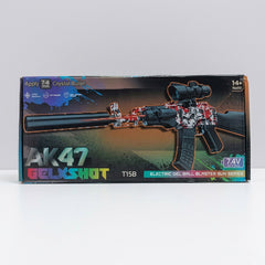 Box front for the AK47-style electric gel ball blaster, dark colourway with rainbow "GELXSHOT" branding