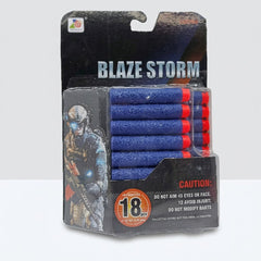 Pack of 18 blue foam darts for a toy blaster, shown in its blister pack on a Blaze Storm printed card