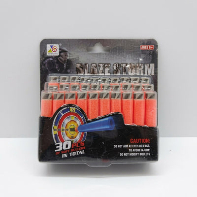 Pack of 30 orange foam darts with rubber suction tips for a toy blaster, shown on a Blaze Storm printed card with a target graphic
