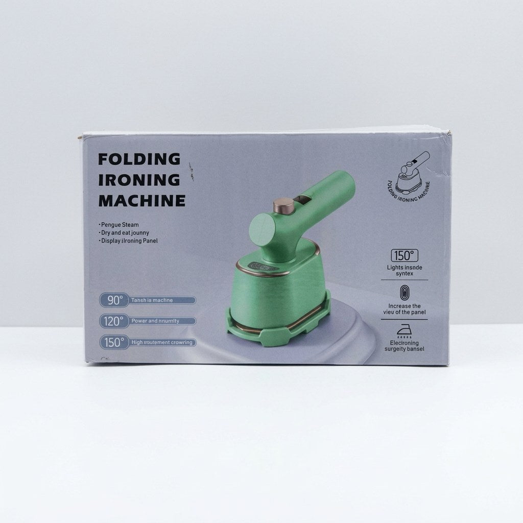 Folding toy iron box front, green pretend-play iron with an angled handle and round base