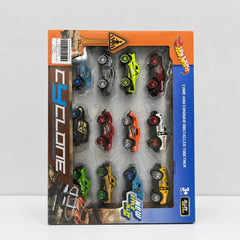 Window box holding twelve die-cast off-road trucks in twelve colours
