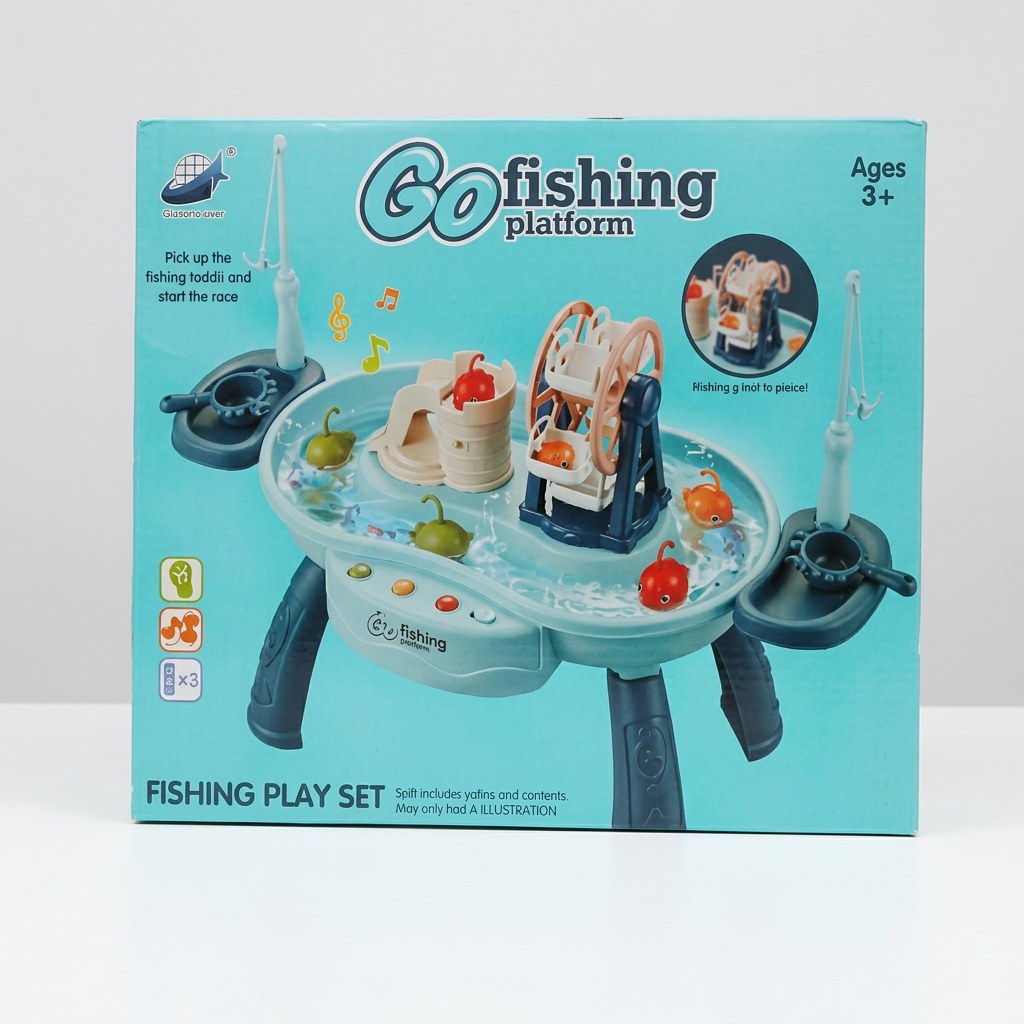 Go Fishing play set box front, oval spinning platform with fishing rods, fish pieces and a castle, Ages 3+