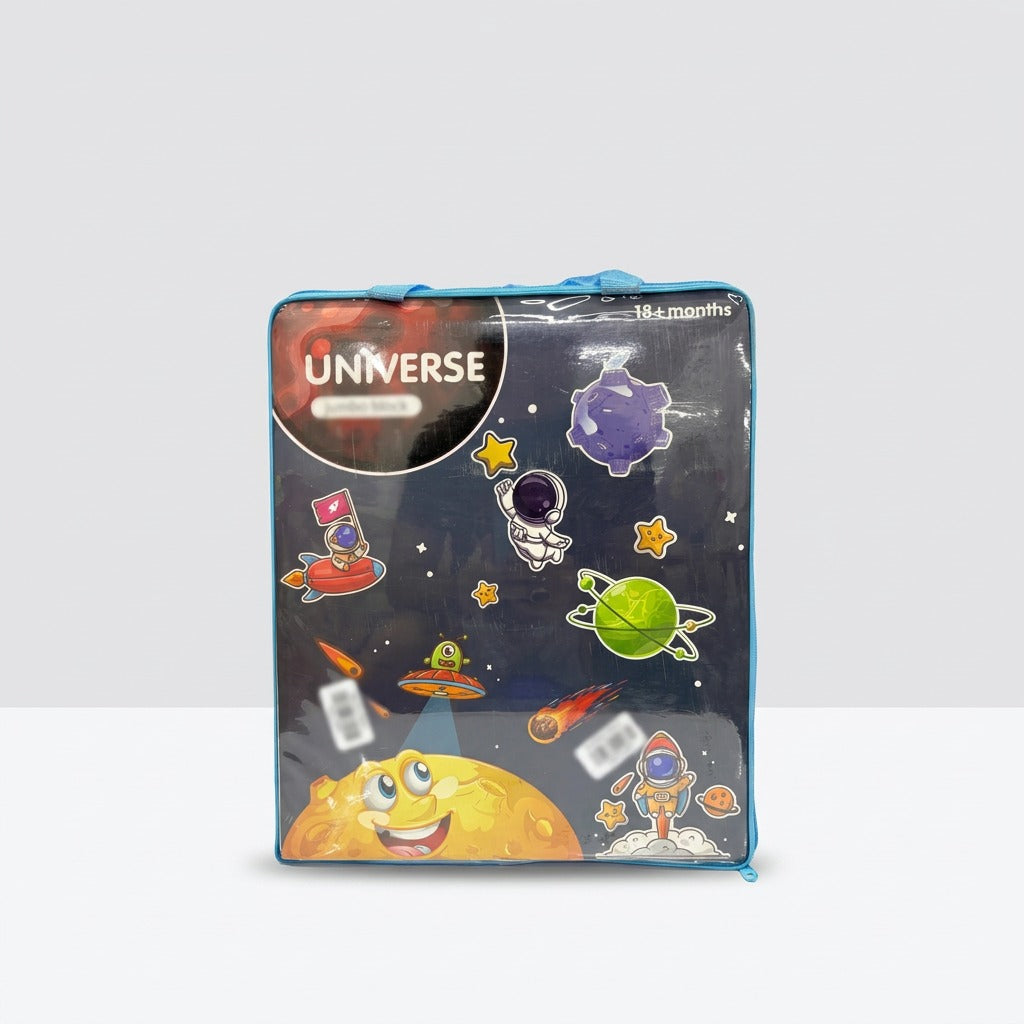 Blue "Universe" space-themed zip bag packaging for jumbo building blocks, printed with an 18+ months age label