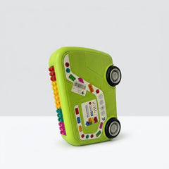Green car-shaped jumbo block storage case studded with bright interlocking blocks along its sides, standing on two wheels