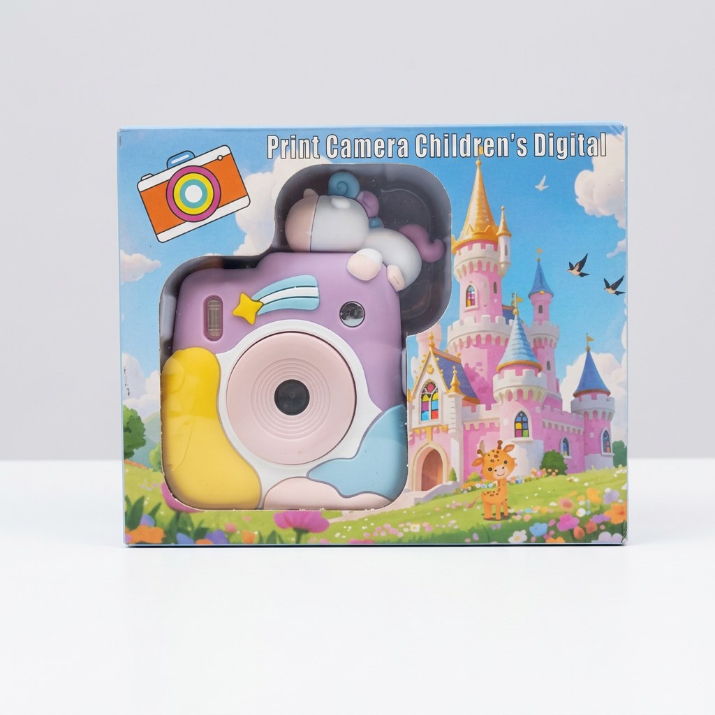 Box front art for the lavender print camera, showing a blue shooting-star sticker and a fluffy animal topper on top