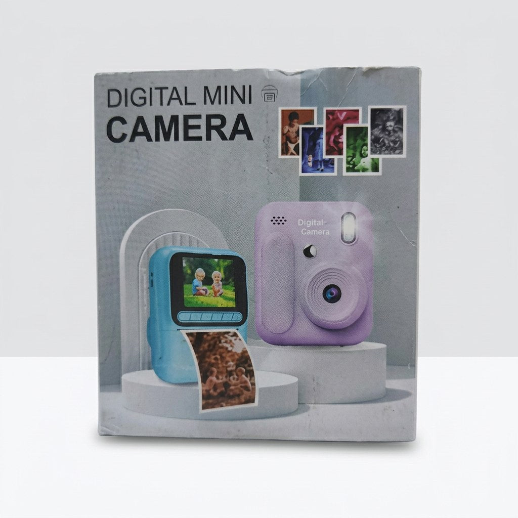 Box front showing two digital mini cameras, a blue camera with a screen and a printed photo strip, and a plain lavender camera, each on its own stand