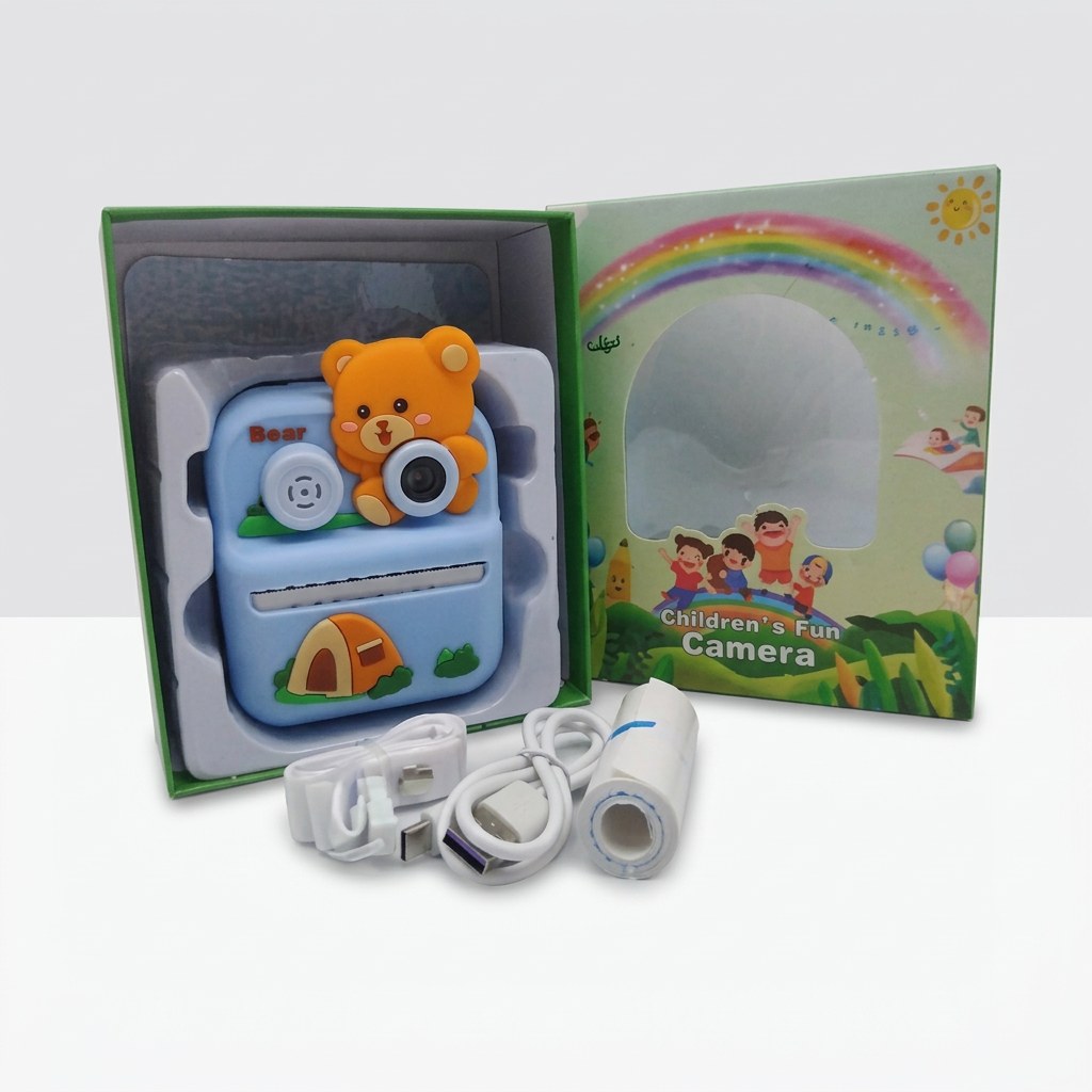 Open box showing the pale blue bear-themed camera with its orange bear topper and tent icon