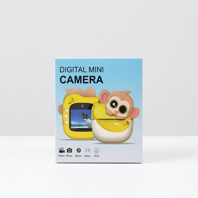 Box front for a banana and monkey shaped digital mini camera, yellow packaging with a live screen preview and five function icons