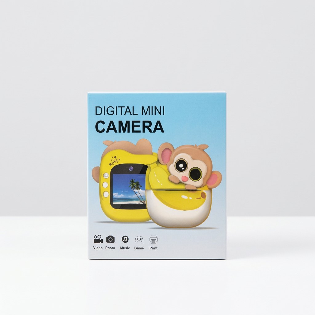 Box front for a banana and monkey shaped digital mini camera, yellow packaging with a live screen preview and five function icons
