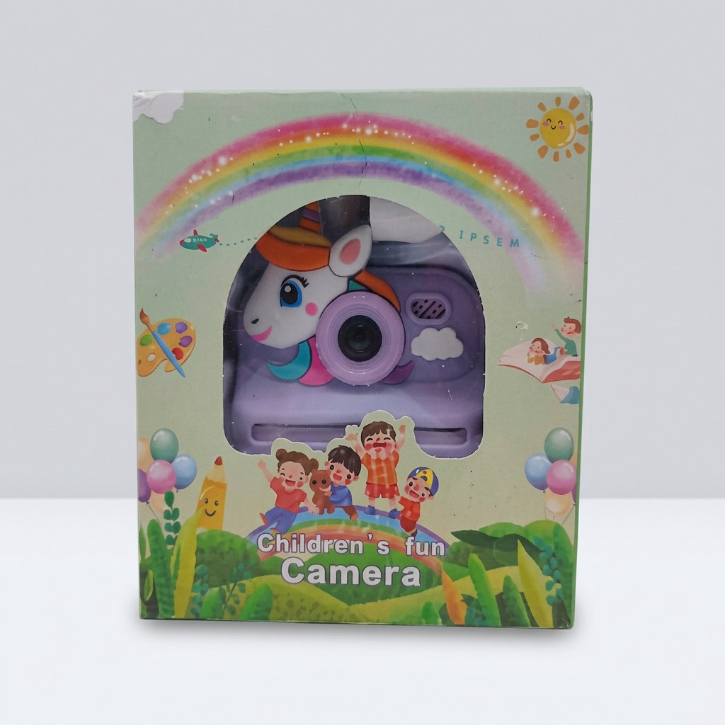 Box front for a unicorn-shaped toy camera in pale purple, titled Children's fun Camera, with rainbow background artwork
