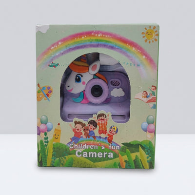 Box front for a unicorn-shaped toy camera in pale purple, titled Children's fun Camera, with rainbow background artwork