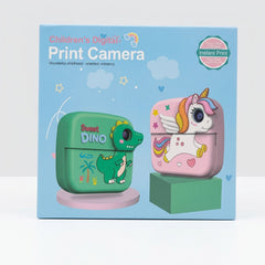 Box front showing two digital mini print cameras side by side, a green dinosaur design and a pink unicorn design, each on its own stand