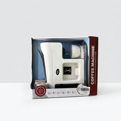 Kids Coffee Machine play set in its box with the cup, glass and coffee capsules