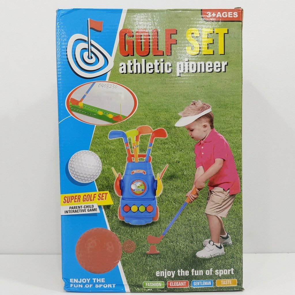Golf Set Athletic Pioneer box front, blue wheeled caddy cart holding four clubs, 3+ Ages badge