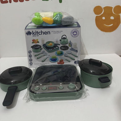 Kitchen Play Set - Green Cookware, Hob & Play Food, 3+