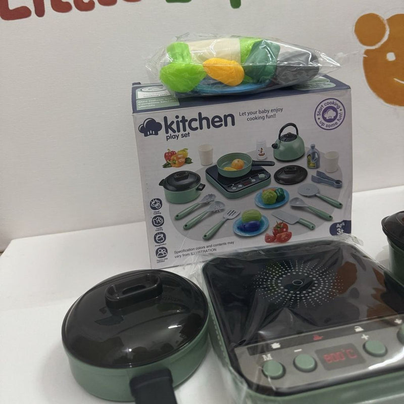 Kitchen Play Set - Green Cookware, Hob & Play Food, 3+