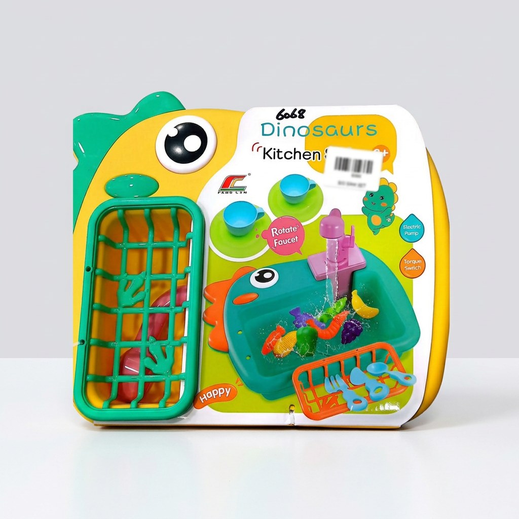 Dinosaur Kitchen Sink play set box, Feng Lin, code 6068, B/O Sink Set with Rotate Faucet and Electric Pump badges
