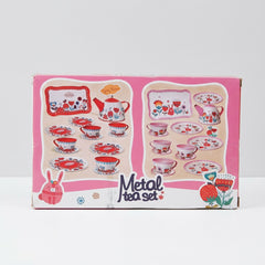 Metal Tea Set box art, Spring Flowers pattern, teapot, tray, cups and saucers shown in red and pink colourways