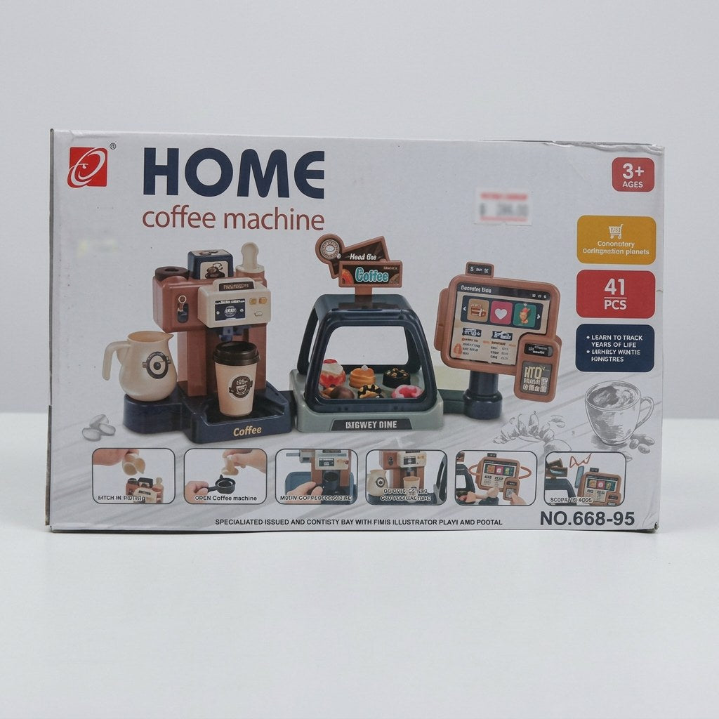 Toy coffee machine box front, 41-piece café playset with coffee maker, jug, cup and menu display stand, 3+ badge