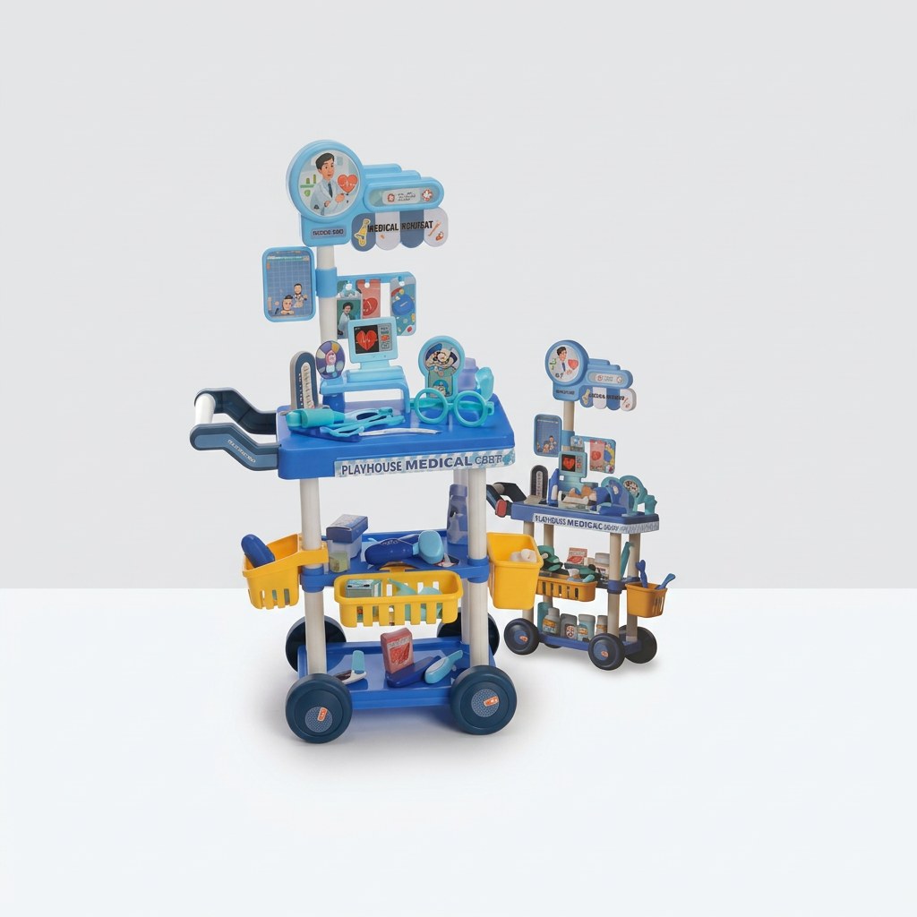 Two-tier wheeled medical play cart with a stand-up monitor display, next to its Playhouse Medical Cart box