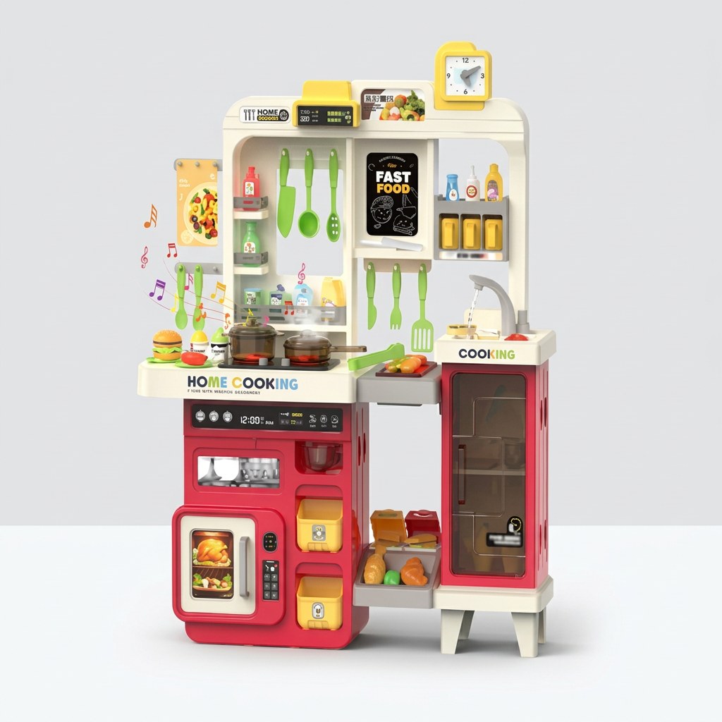 Pink play kitchen stand with a stove, oven window, sink and a wheeled glass-front side cabinet, studio shot on white