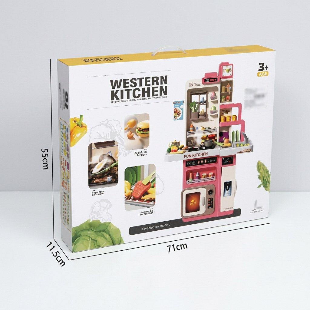 Western Kitchen box front, pink-toned kitchen stand with stove, oven, sink and glass cabinet, 3+ age badge and 71cm x 55cm x 11.5cm box dimensions