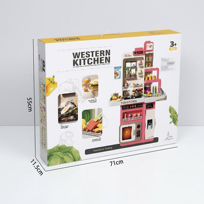 Western Kitchen box front, pink-toned kitchen stand with stove, oven, sink and glass cabinet, 3+ age badge and 71cm x 55cm x 11.5cm box dimensions