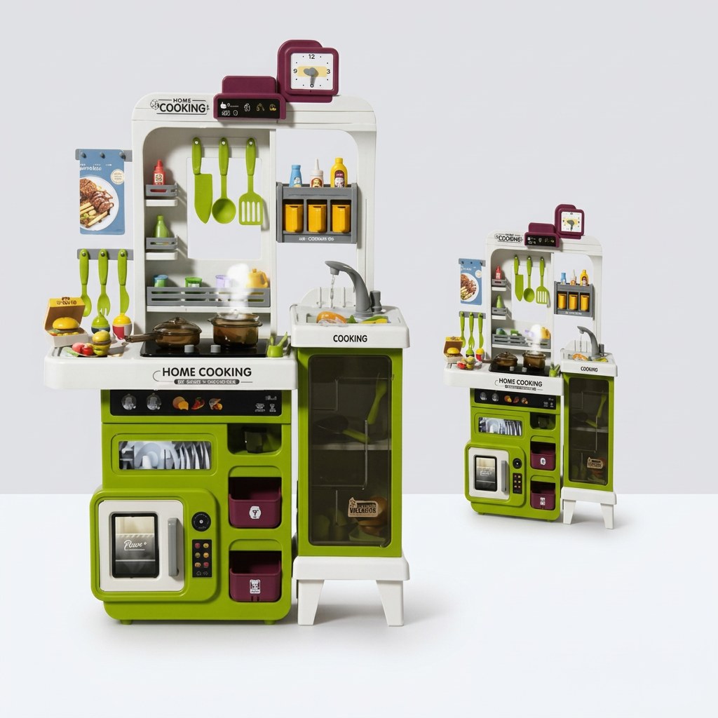 Green play kitchen stand with stove, oven window, sink and wheeled glass-front cabinet, next to its Western Kitchen box insert showing the 3+ age badge
