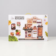 Western Kitchen box front in a cream colourway, kitchen stand with stove, oven and glass cabinet, 3+ age badge