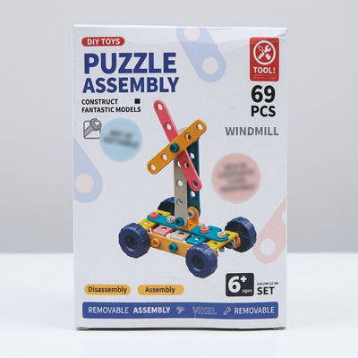 Construction set box front, Puzzle Assembly, 69 pieces, Windmill model, age 6+ badge