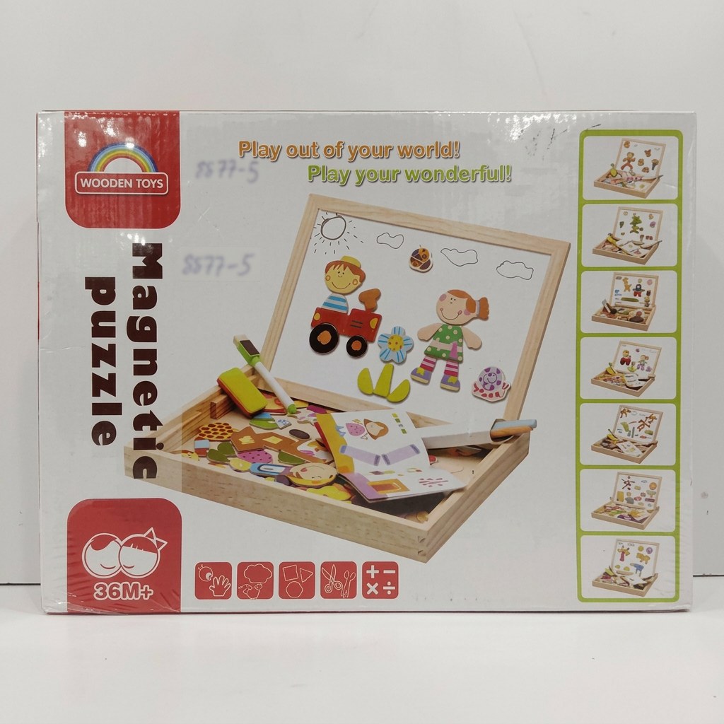 Wooden Magnetic Puzzle & Drawing Board box front, open case with magnetic pieces, letters and marker pen, 36M+ badge