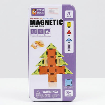 Magnetic Building Tiles tin box front, STEM badge, 20 PCS, choking hazard warning, Ages 3+
